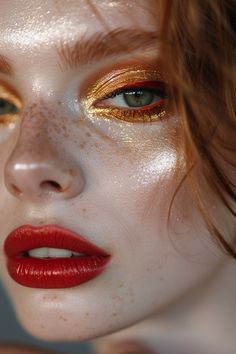 22+ Glamorous Gold Eyeshadow Ideas Gold Lipstick Looks, Colorful Festival Makeup, Red Gold Makeup Look, Fire Themed Makeup, Orange Fairy Makeup, Gold And Red Makeup, Gold And Red Aesthetic, Red Fairy Makeup, Red And Gold Makeup Looks