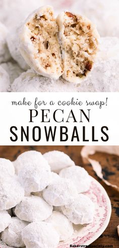 buttery pecan snowball cookies on a pretty vintage plate against a wood back drop and one cookie broken in half to show the interior. There is text overlay that says "make for a cookie swap! Pecan Snowballs" Christmas Cookies Bake Ahead, Make Ahead Christmas Cookies, Butter Pecan Shortbread, Snowball Recipe, Snowballs Recipe, Pecan Snowballs, Pecan Snowball Cookies, Pecan Shortbread Cookies, Snowball Cookie Recipe