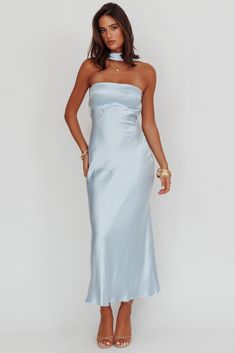 Shop the Damsel Reverse Halter Maxi Dress Baby Blue | Selfie Leslie Baby Blue Dress Outfit Wedding, Baby Blue Bridesmaid Dresses, Blue Selfie, Maxi Dress Strapless, Dress Baby Blue, Selfie Leslie, Classy Dresses, Yellow Bridesmaid Dresses, Baby Blue Dresses