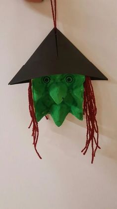 an ornament made to look like a witch's hat hanging from a wall