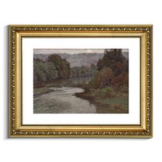 an oil painting of a river with trees in the background