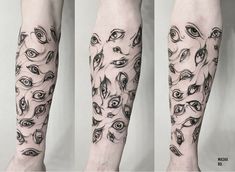 three different views of an arm with tattoos on it