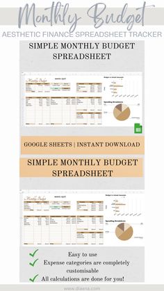 the simple budget spreadsheet is shown in three different colors and sizes, including one for