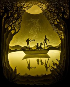 the silhouettes of three people on a boat in front of a full moon and trees