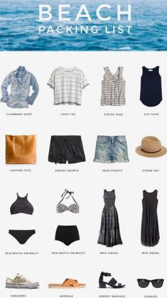 the beach packing list is full of clothes and accessories