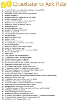 the 50 questions to ask kids in an english language text with question marks on it