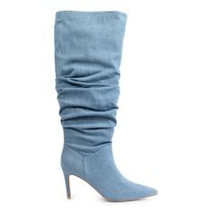 A gorgeous denim boot that hits just below the knee. Heel height: 3.45" Circumference: reference size chart below Material: Denim fabric Denim Boots, Gorgeous Shoes, Denim Fabric, The Knee, Heel Height, Size Chart, Boots, Heels, Fabric