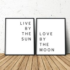 two black and white posters with the words i love you to the moon and back