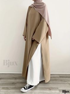 Bjux - Premium Collection: Womens Solid Split Crew Neck Kaftan Abayas - Exquisite Long Sleeve Maxi Length Dress Clothes For Hijabi Women, Kimono Style Abaya, Types Of Abaya, Abaya Sleeves, Kaftan Hijab, Summer Abaya, Long Sleeve Dress Outfit, Cafe Dress, Abaya Styles