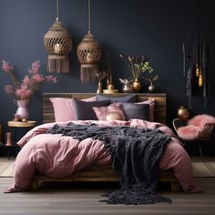 a bedroom with dark walls and pink bedding