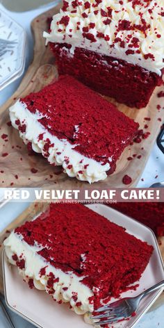 red velvet loaf cake with white frosting and sprinkles