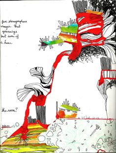 a drawing of a tree with red and green ribbons hanging from it's branches