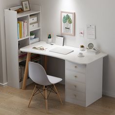 a white desk with two chairs and a book shelf in the corner next to it