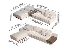 the sectional sofa is shown with measurements for each section and has two pillows on it