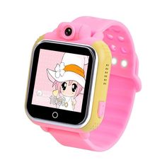 a pink and yellow smart watch with a cartoon character on the screen