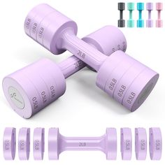 the purple dumbbells are next to each other