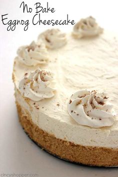 a no bake eggnog cheesecake on a white plate with the words, no bake eggnog cheesecake