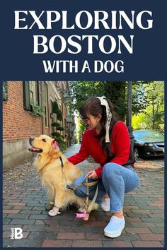 a woman petting a dog on the street with text reading exploring boston with a dog