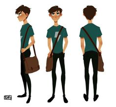 three different poses of a man in green shirt and black pants holding a brown bag