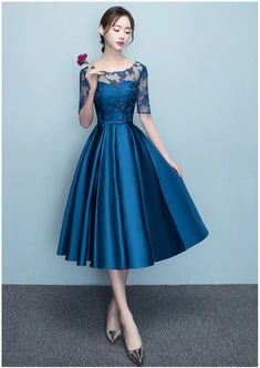 Lovely Blue Short Sleeves Lace and Satin Party Dress, Blue Vintage Style Bridesmaid Dresses, Prom Dresses Elegant, 파티 드레스, Blue Homecoming Dresses, Women's Evening Dresses, Satin Prom Dress, Dresses 2020, Evening Dresses Elegant, Elegant Party