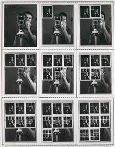 black and white photograph of man holding camera in front of multiple squares of photos with numbers on them