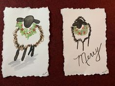 two christmas cards with sheep on them, one is black and the other is white