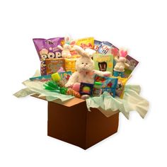 Our largest Easter Fun Care Package for an entire family or one huge gift for a special Little friend. Filled to rim and overflowing with Easter goodness and activities. The Easter of Fun Family Deluxe Care Package includes: 12" plush Easter bunny, 2 mini plush Easter Bunnies, 14 oz. Tortilla chips, 2 check snack mix bags, 12 oz. white cheddar popcorn, Tootsie roll bank, Easter peeps, Silly string, 2 jars Fun dough, egg crate full of milk chocolate covered marshmallows, pastel magic spring, milk chocolate Easter bunny, carrot patch candy corn, Peeps Easter coloring and activity book, fruit flavored bubbles, jelly beans, malted eggs, pastel chocolate mints and complete with a happy Easter bunny adorning the outside of the box. A sure delight for families and kids of all ages. Disclaimer: *A Rain Boot Easter Basket, Husband Easter Basket, Sports Easter Basket, Easter Care Package, Family Gift Baskets, White Cheddar Popcorn, Huge Gifts, Chocolate Covered Marshmallows, Chocolate Easter Bunny