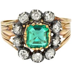 Victorian 1.87 CTW Emerald Diamond Silver 14 Karat Gold Antique Halo Ring GIA Lotus Engagement Ring, Edwardian Engagement Ring, Victorian Engagement Rings, Contemporary Engagement Rings, Antique Engagement, Antique Engagement Rings, European Cut Diamonds