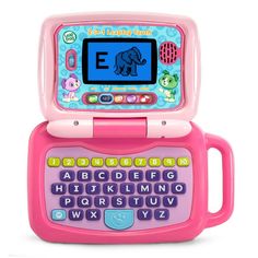 a pink electronic toy with an elephant on it's screen and letters in the keyboard