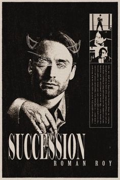 the poster for succession, featuring a man with glasses on his head and other images behind him