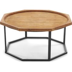 an octagonal wooden table with metal legs and a tray on the top that is shaped like a hexagonal structure