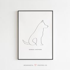 a black and white drawing of a dog sitting in front of a wall with the words german shepherd on it