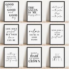 six black and white printables with the words good, love, happiness, life is