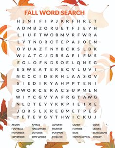 the fall word search is shown with leaves