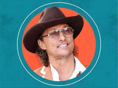 a man in a cowboy hat and glasses with an orange circle around him on a blue background