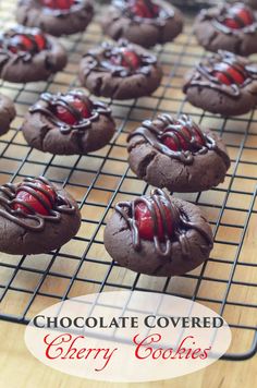 chocolate covered cherry cookies on a cooling rack with the words, chocolate covered cherry cookies