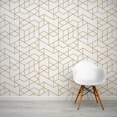 Culanda Gold & White Geometric Art Deco Wallpaper Mural with White Chair Room With Dark Furniture, Kids Bedroom Wallpaper, Wallpaper Walls Bedroom, Vinyl Wall Covering, Wallpaper Art Deco, Tropical Art Deco, Lots Of Plants, Tree Wall Murals, Nursery Wall Murals