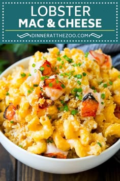 lobster macaroni and cheese in a white bowl with parsley on the side