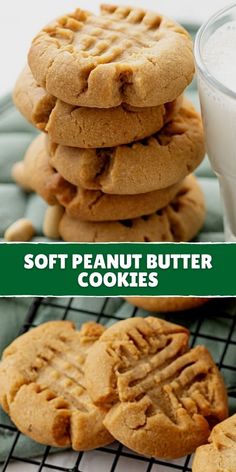 soft peanut butter cookies stacked on top of each other next to a glass of milk