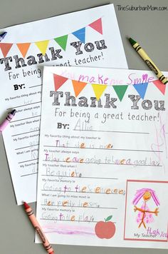 two thank you notes with crayons and pencils