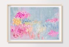 an abstract painting with pink and yellow flowers on blue watercolor paper, framed in wood frame