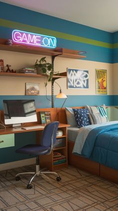 a bed room with a neatly made bed and a computer on top of the desk