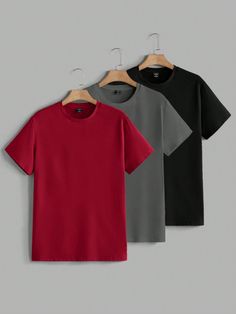 Men Plain Simple Casual Knit Short Sleeve T-Shirt Red Casual  Short Sleeve Knitted Fabric Plain  Slight Stretch  Men Clothing, size features are:Bust: ,Length: ,Sleeve Length: Plain Tee Shirts, Estilo Hip Hop, Plain Tees, Plain Tops, Tee Shirt Homme, Knit Short, Elegant Dresses Long, Women Midi, Plain Shirts