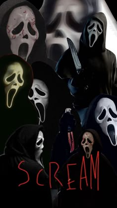 the scream movie poster is shown with two people wearing masks and one person holding a knife