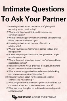 Deepen your connection with these intimate questions to ask your partner. Whether you’re married or in a relationship, these thoughtful questions will help you explore new levels of closeness and understanding.   Pin this now and save it for your next date night or special moment together! Relationship Review Questions, Questions To Ask A New Partner, Questions To Check In With Your Partner, New Relationship, Thought Provoking Questions For Couples, Questions To Ask Your Long Term Partner, Questions To Ask A Potential Partner, Questions To Ask Your Partner Intimate, Text Conversation Starters