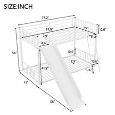 a white bunk bed with a slide and measurements