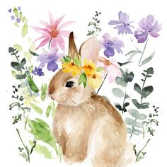 a watercolor painting of a rabbit surrounded by flowers