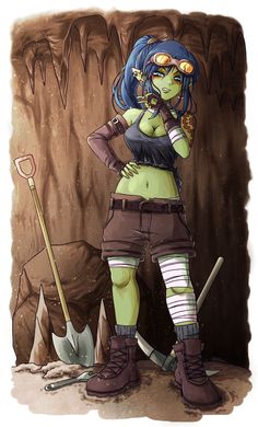 a woman with blue hair and glasses standing in front of a cave holding a shovel