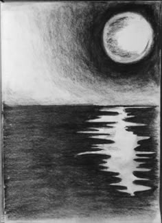 a black and white drawing of the moon over water