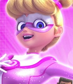 a cartoon character with big blue eyes and blonde hair wearing a pink outfit, standing in front of a purple background